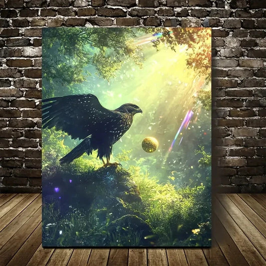 Fantasy Hawk & Rainbow Reflections In Lush Painting 40x60cm Metal Print Ready to Hang - Bella Home Decor