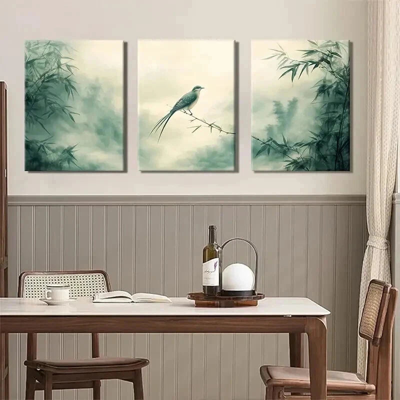 3pcs Serene Bamboo and Bird Nature Perfect Wall Art Set Canvas Framed 60x90cm - High Quality Print 100% Australian Made Wall Canvas Ready to Hang - Bella Home Decor