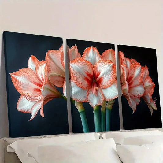 3pcs Amaryllis Flower Red & White Floral Z Wall Art Set Canvas Framed 50x70cm - High Quality Print 100% Australian Made Wall Canvas Ready to Hang