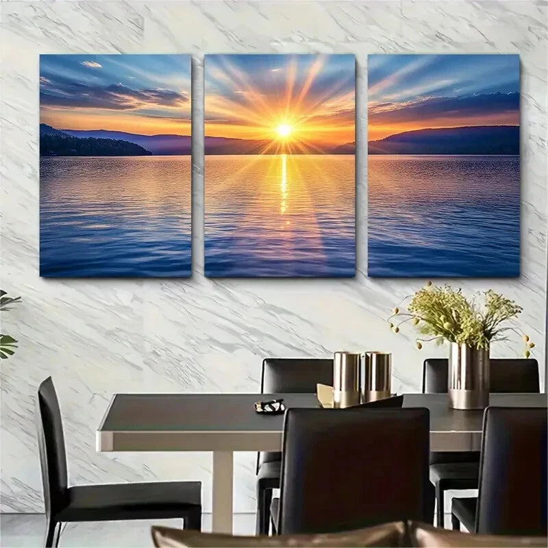 3pcs Scenic Sunset Over Mountain Lake Nature Metal Print Ready to Hang Art - Bella Home Decor
