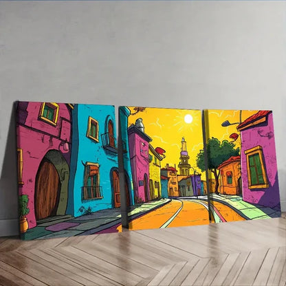 3pcs Cartoon Town Wall Art Set Canvas Unframed – High Quality Print 100% Australian Made Wall Canvas