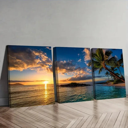 3pcs Sunset Over The Ocean with Palm Wall Art Set Canvas Framed 60x90cm - High Quality Print 100% Australian Made Wall Canvas Ready to Hang