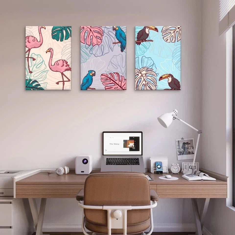 3pcs Tropical Birds and Jungle Leaves Kids Wall Art Set Canvas Framed 40x60cm - High Quality Print 100% Australian Made Wall Canvas Ready to Hang