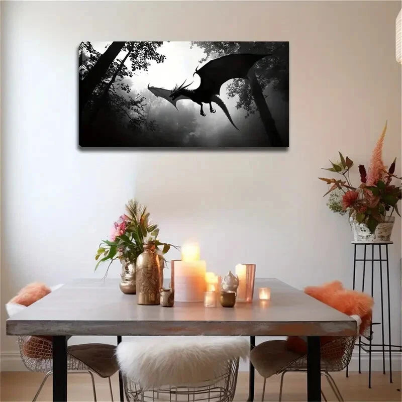 Flying Dragon Above The Forest Wall Art Canvas Office Home Room Framed 120x60cm - Bella Home Decor