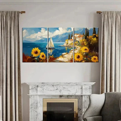 3pcs Island Scenery Sailing Boat Sunflowers Wall Art Canvas Unframed - High Quality Print 100% Australian Made Wall Canvas