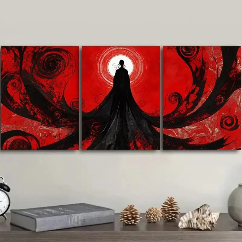 3pcs Mysterious Cloaked Figure with Red Swirls  Wall Art Set Canvas Framed 50x70cm - High Quality Print 100% Australian Made Wall Canvas Ready to Hang - Bella Home Decor
