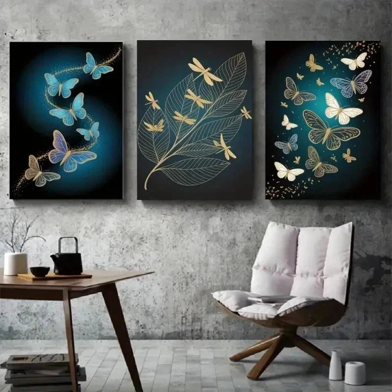 3pcs Butterflies, Dragonflies, Golden Leaf  t  Wall Art Set Canvas Framed 60x90cm - High Quality Print 100% Australian Made Wall Canvas Ready to Hang - Bella Home Decor