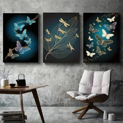 3pcs Butterflies, Dragonflies, Golden Leaf  t  Wall Art Set Canvas Framed 60x90cm - High Quality Print 100% Australian Made Wall Canvas Ready to Hang - Bella Home Decor
