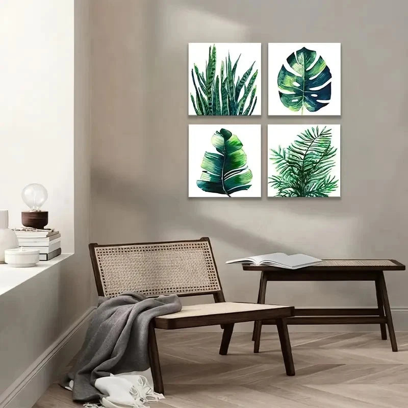4pcs Green Plant & Sage Monstera Leaf Wall Art Canvas Framed