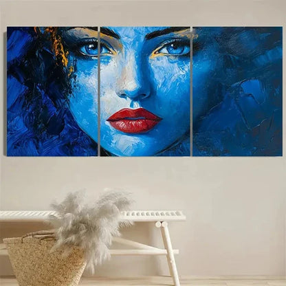 3pcs Blue Face Abstract Lady Woman Face Wall Art Set Canvas Unframed - High Quality Print 100% Australian Made Wall Canvas - Bella Home Decor