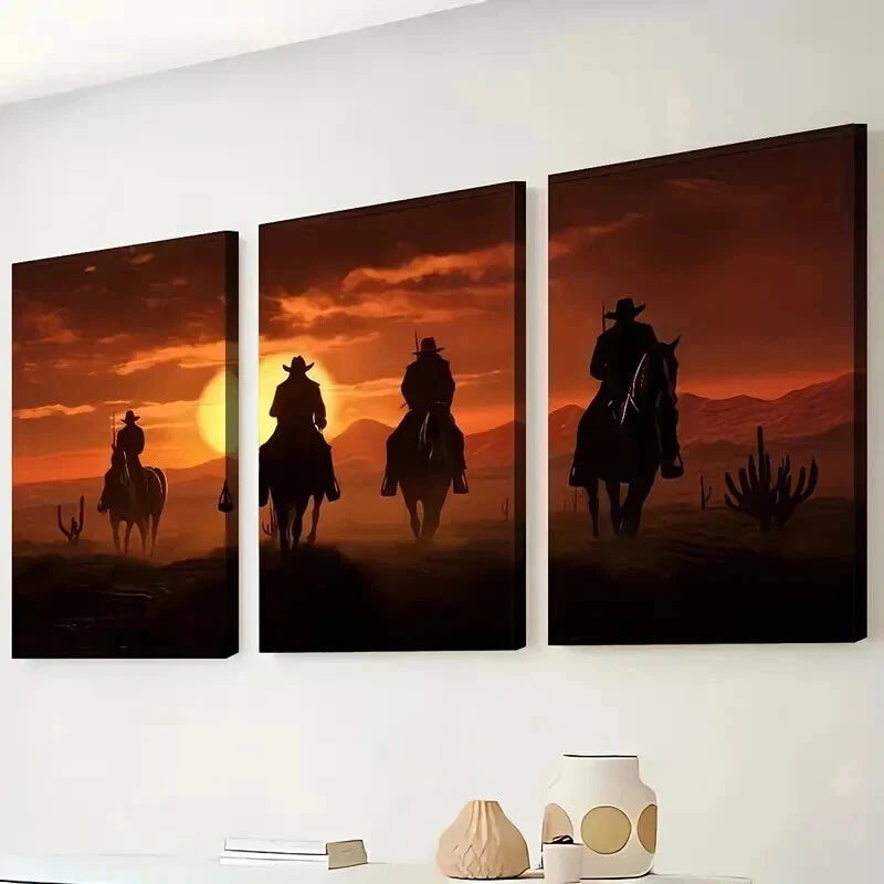 3pcs Western Cowboy Sunset Décor Perfect Wall Art Set Canvas Framed 50x70cm - High Quality Print 100% Australian Made Wall Canvas Ready to Hang - Bella Home Decor