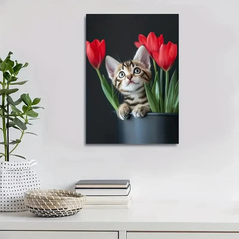 Cute Bengal Kitten with Red Tulips Painting 40x60cm Metal Print Ready to Hang - Bella Home Decor