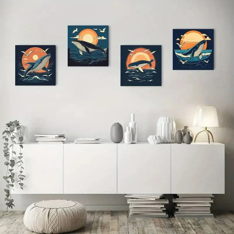 4pcs Vintage Whale & SunsetWall Art Canvas Framed