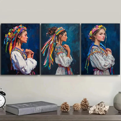 3pcs Lively Bulgarian Girl Paintings Metal Print Ready to Hang Art