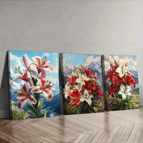 3pcs Red and White Lilies Wall Art Set Canvas Unframed – High Quality Print 100% Australian Made Wall Canvas