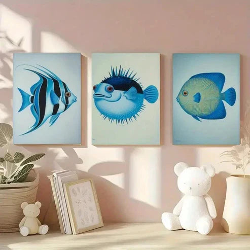 3pcs Blue Fish Decorative Paint Wall Art Canvas Unframed - High Quality Print 100% Australian Made Wall Canvas - Bella Home Decor