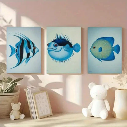 3pcs Blue Fish Decorative Paint Wall Art Canvas Unframed - High Quality Print 100% Australian Made Wall Canvas - Bella Home Decor