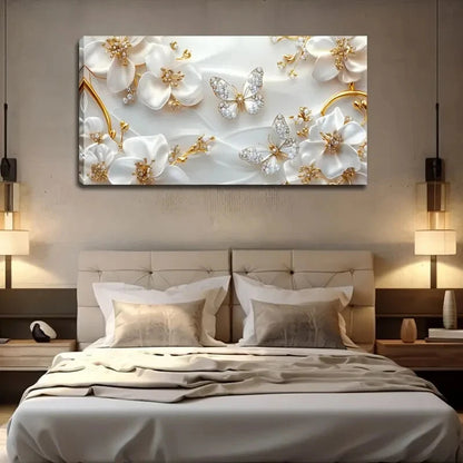 Golden Butterfly & White Flower Wall Art Canvas Office Home Room Framed 120x60cm - Bella Home Decor