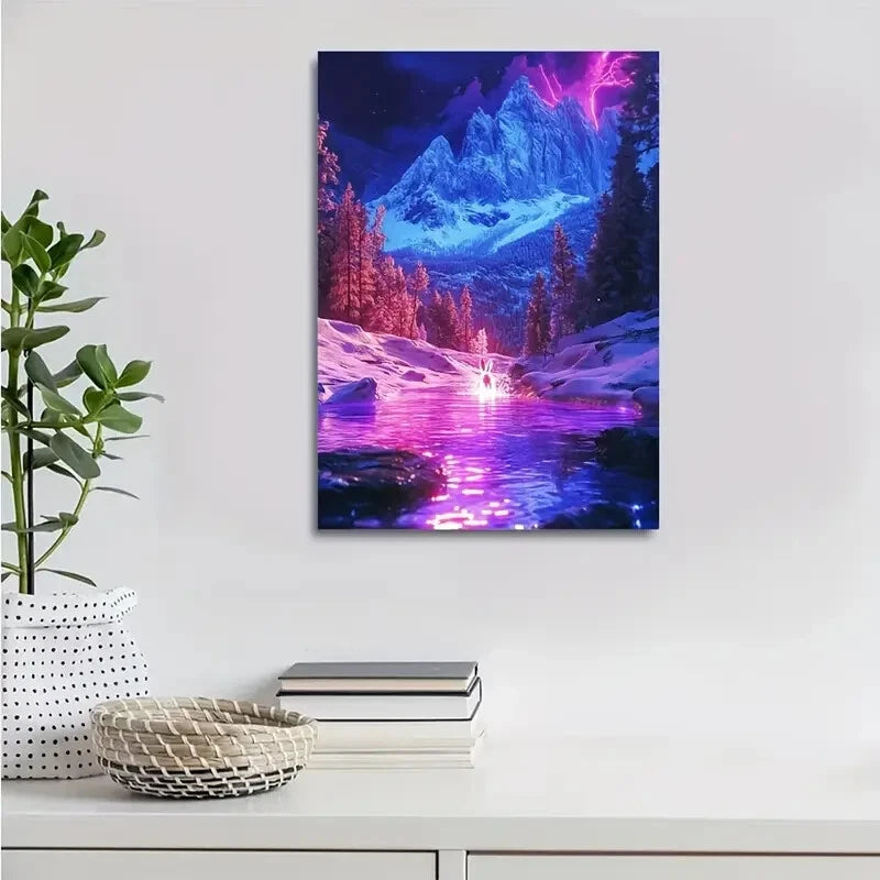 Vibrant Neon Rabbit Splashing in Snowy Painting  40x60cm Metal Print Ready to Hang - Bella Home Decor