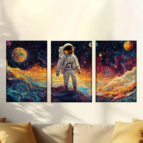 3pcs Whimsical Colorful Cosmic World & Astronaut Wall Art Canvas Unframed – High Quality Print 100% Australian Made Wall Canvas