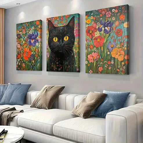 3pcs Feline Black Cat And Floral Garden Wall Art Set Canvas Unframed - High Quality Print 100% Australian Made Wall Canvas