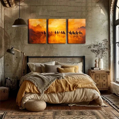3pcs Horses Under Retro Dusk Triptych Perfect Wall Art Set Canvas Framed 50x70cm - High Quality Print 100% Australian Made Wall Canvas Ready to Hang - Bella Home Decor