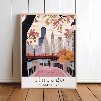 Chicago Illinois Skyline Autumn Cityscape Travel Poster Print Wall Art