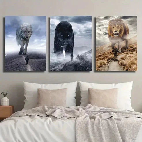 3pcs Giant Wolf Black Panther Lion & Tiny Human Wall Art Canvas Unframed - High Quality Print 100% Australian Made Wall Canvas - Bella Home Decor