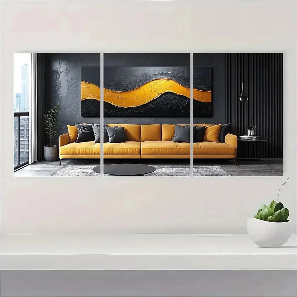 3pcs Chic Black and Golden Abstract Metal Print Ready to Hang Art - Bella Home Decor