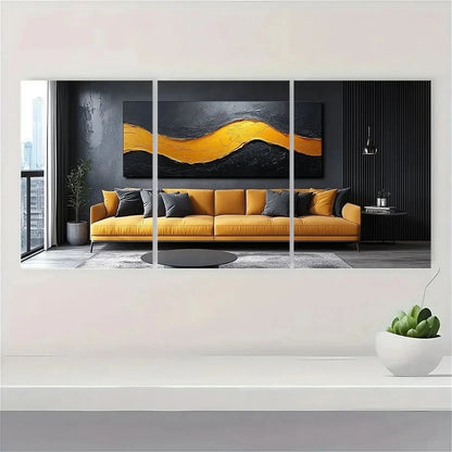 3pcs Chic Black and Golden Abstract Metal Print Ready to Hang Art - Bella Home Decor