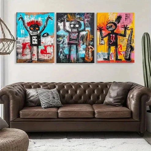3pcs Colorful Skull Figures Saxophone Perfect Wall Art Set Canvas Unframed - High Quality Print 100% Australian Made Wall Canvas