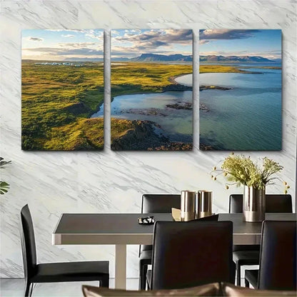 3pcs Serene Green Hills & Blue Waters Perfect Wall Art Set Canvas Framed 50x70cm - High Quality Print 100% Australian Made Wall Canvas Ready to Hang