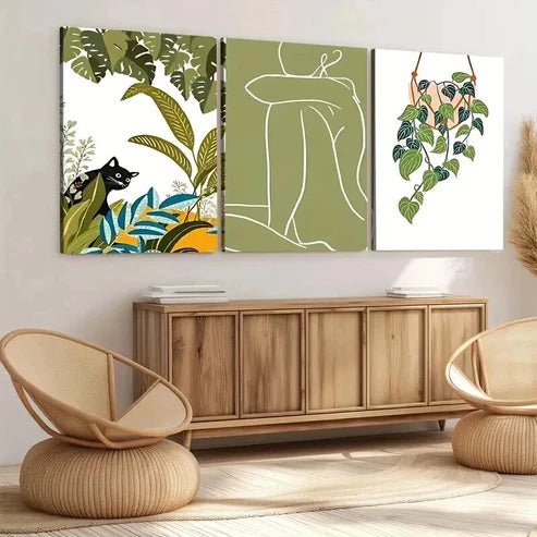 3pcs Abstract Classic Modern Botanical Black Cat Wall Art Canvas Unframed - High Quality Print 100% Australian Made Wall Canvas - Bella Home Decor