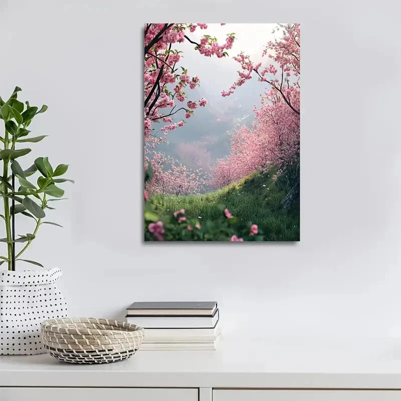 Beautiful Flourishing Peach Tree Forest Painting 40x60cm Metal Print Ready to Hang - Bella Home Decor