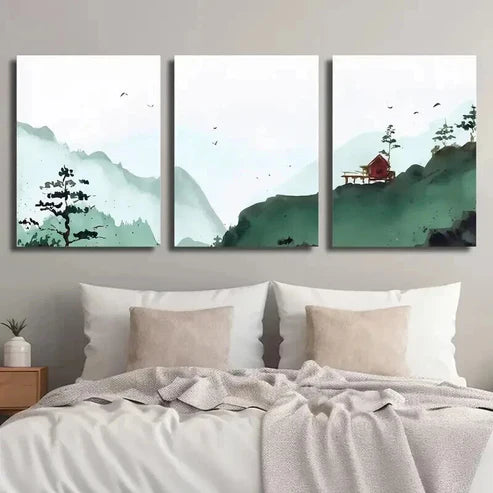 3pcs Abstract Green Landscape with Red Bench Wall Art Canvas Unframed - High Quality Print 100% Australian Made Wall Canvas - Bella Home Decor