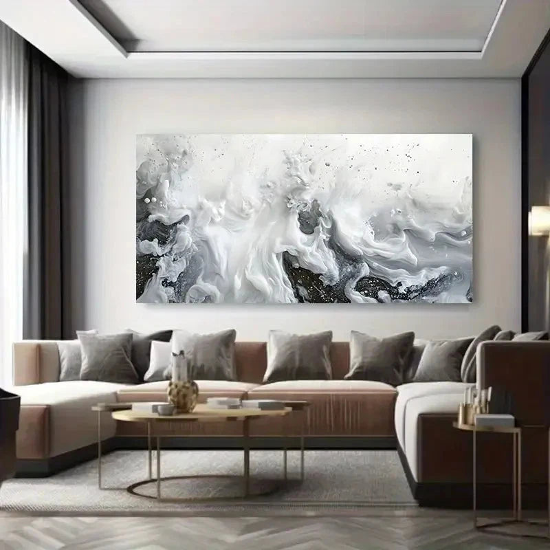 Abstract Fluid White & Black Wall Art Canvas Office Home Room Framed 120x60cm