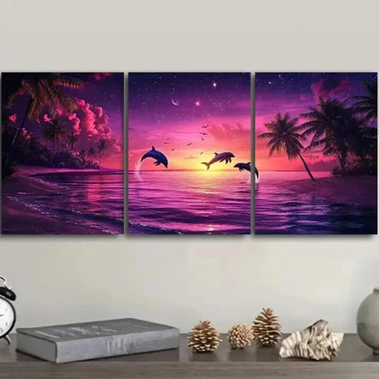 3pcs Dolphin Silhouette Under Purple Sky Perfect Wall Art Set Canvas Unframed - High Quality Print 100% Australian Made Wall Canvas - Bella Home Decor