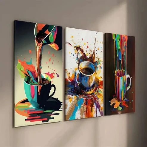 3pcs Mug & Spilled Drink Illustrations Wall Art Set Canvas Unframed - High Quality Print 100% Australian Made Wall Canvas