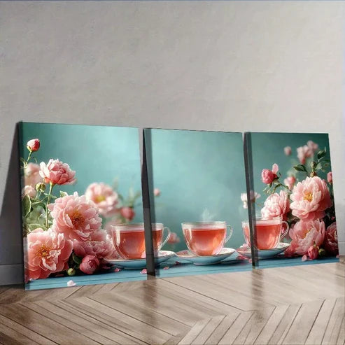 3pcs Flowers and tea cups Colorful White Background  Wall Art Set Canvas Unframed - High Quality Print 100% Australian Made Wall Canvas - Bella Home Decor