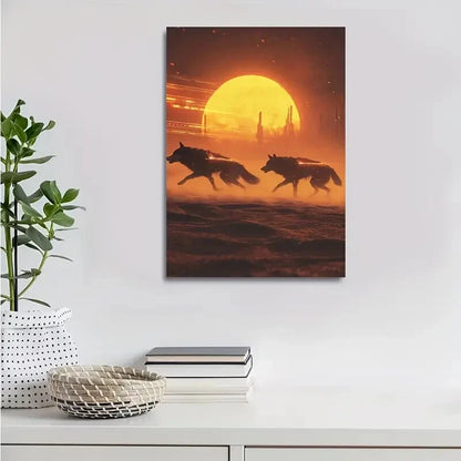 Dramatic Wolves & Glowing Orange Sky Scene Painting 40x60cm Metal Print Ready to Hang - Bella Home Decor