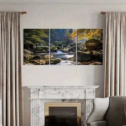 3pcs Autumn Forest River Stone Modern Wall Art Canvas Unframed - High Quality Print 100% Australian Made Wall Canvas - Bella Home Decor