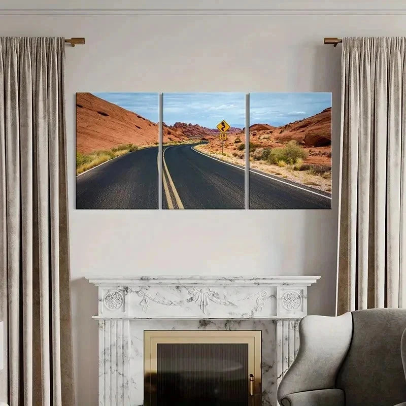 3pcs Road Landscape with Cacti & Rock Formations Wall Art Set Canvas Framed 60x90cm - High Quality Print 100% Australian Made Wall Canvas Ready to Hang
