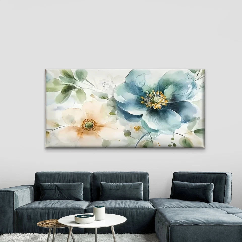Beautiful Blue White Flowers Wall Art Canvas Office Home Room Framed 120x60cm