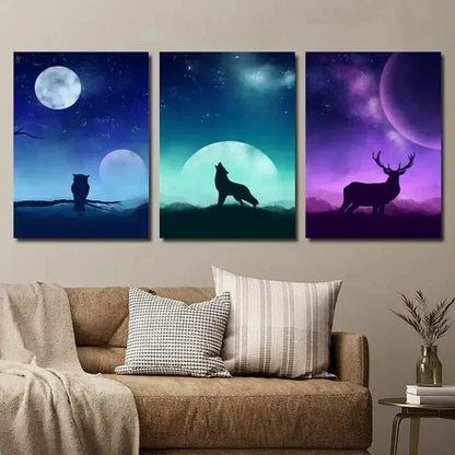 3pcs Moon Starry Sky Animal Owl Wolf and Deer Wall Art Set Canvas Unframed - High Quality Print 100% Australian Made Wall Canvas