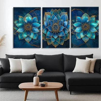 3pcs Teal Blue Mandala Flower Elegant Perfect Wall Art Set Canvas Unframed - High Quality Print 100% Australian Made Wall Canvas