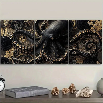 3pcs An Ornate Black And Gold Octopus Painting Wall Art Set Canvas Framed 60x90cm - High Quality Print 100% Australian Made Wall Canvas Ready to Hang - Bella Home Decor