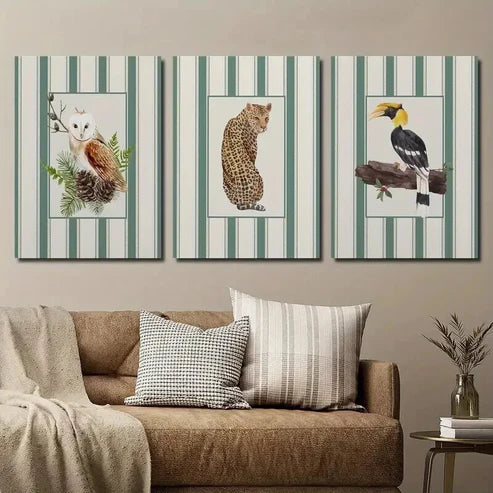 3pcs Whimsical Vintage Crow Owl & Cheetah Wall Art Canvas Unframed - High Quality Print 100% Australian Made Wall Canvas