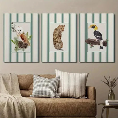 3pcs Whimsical Vintage Crow Owl & Cheetah Wall Art Canvas Unframed - High Quality Print 100% Australian Made Wall Canvas