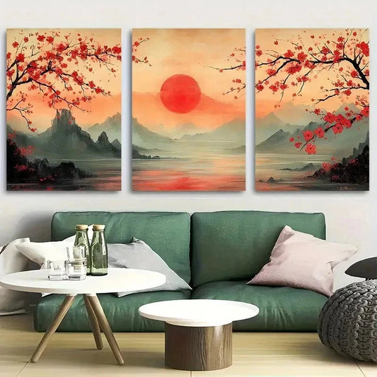 3pcs Japanese Landscape Cherry Blossom Wall Art Set Canvas Framed 60x90cm - High Quality Print 100% Australian Made Wall Canvas Ready to Hang - Bella Home Decor