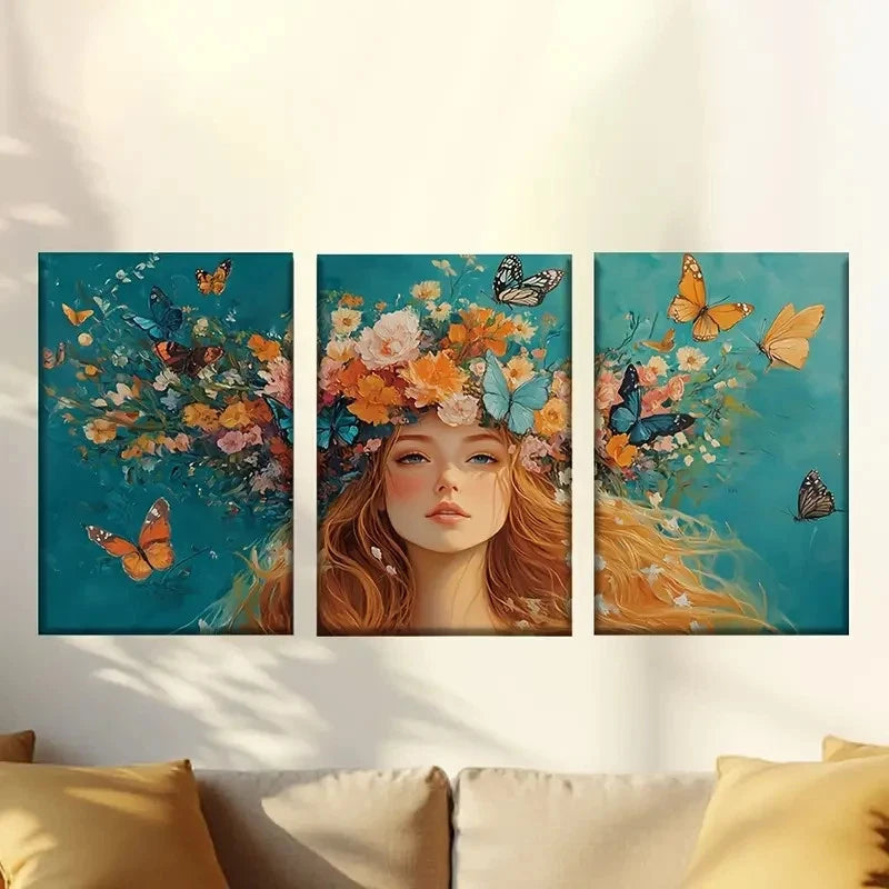 3pcs Charming flower fairy & flying butterflies Wall Art Set Canvas Framed 50x70cm - High Quality Print 100% Australian Made Wall Canvas Ready to Hang - Bella Home Decor